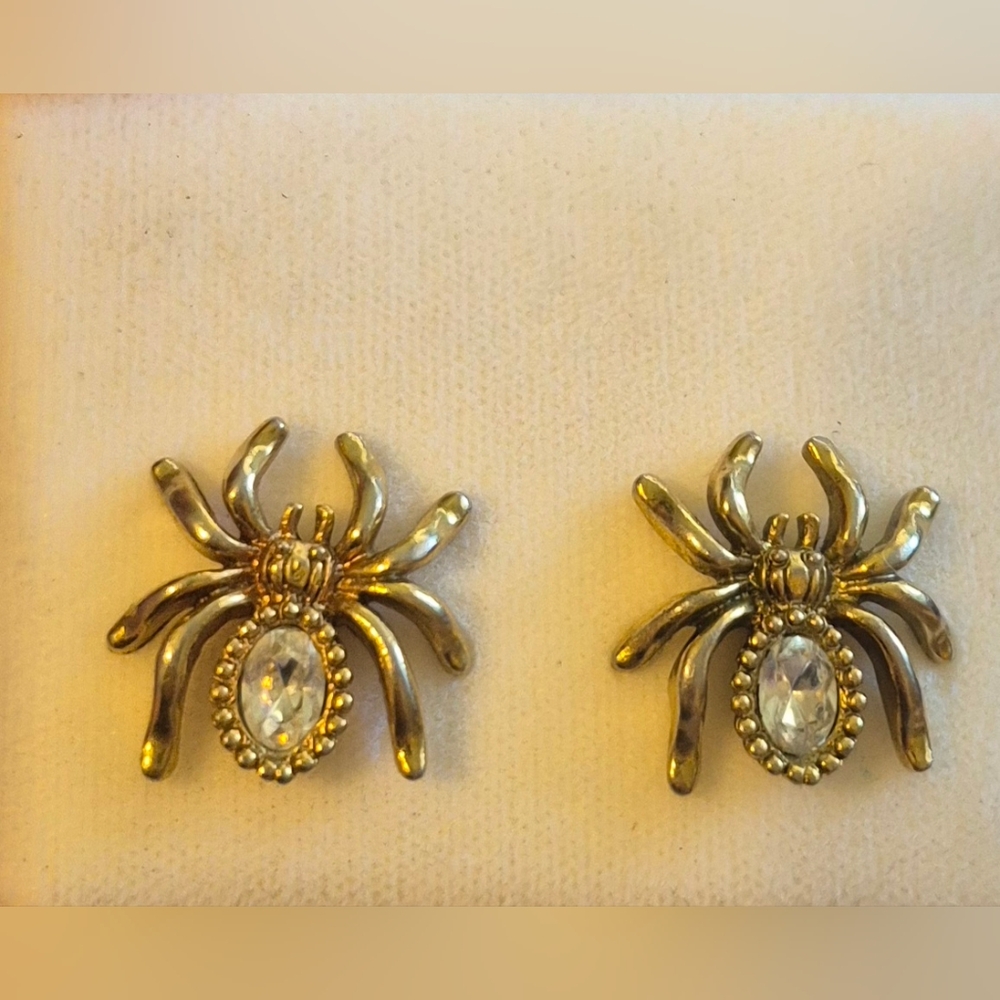 Gold Tone Spider Earrings with Crystal Accent Whimsygoth Halloween